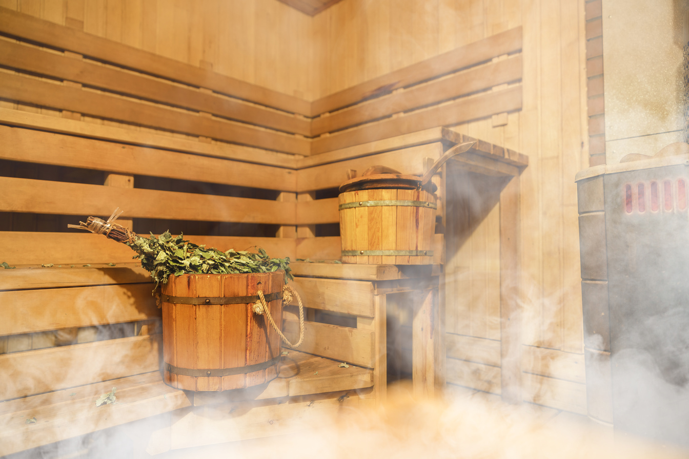 Interior of Finnish sauna, classic wooden sauna, Relax in hot sauna